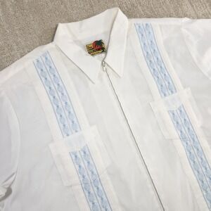 Vintage Guayabera Shirt Mens 3XL Embroidered Bowling Full Zip Pockets White